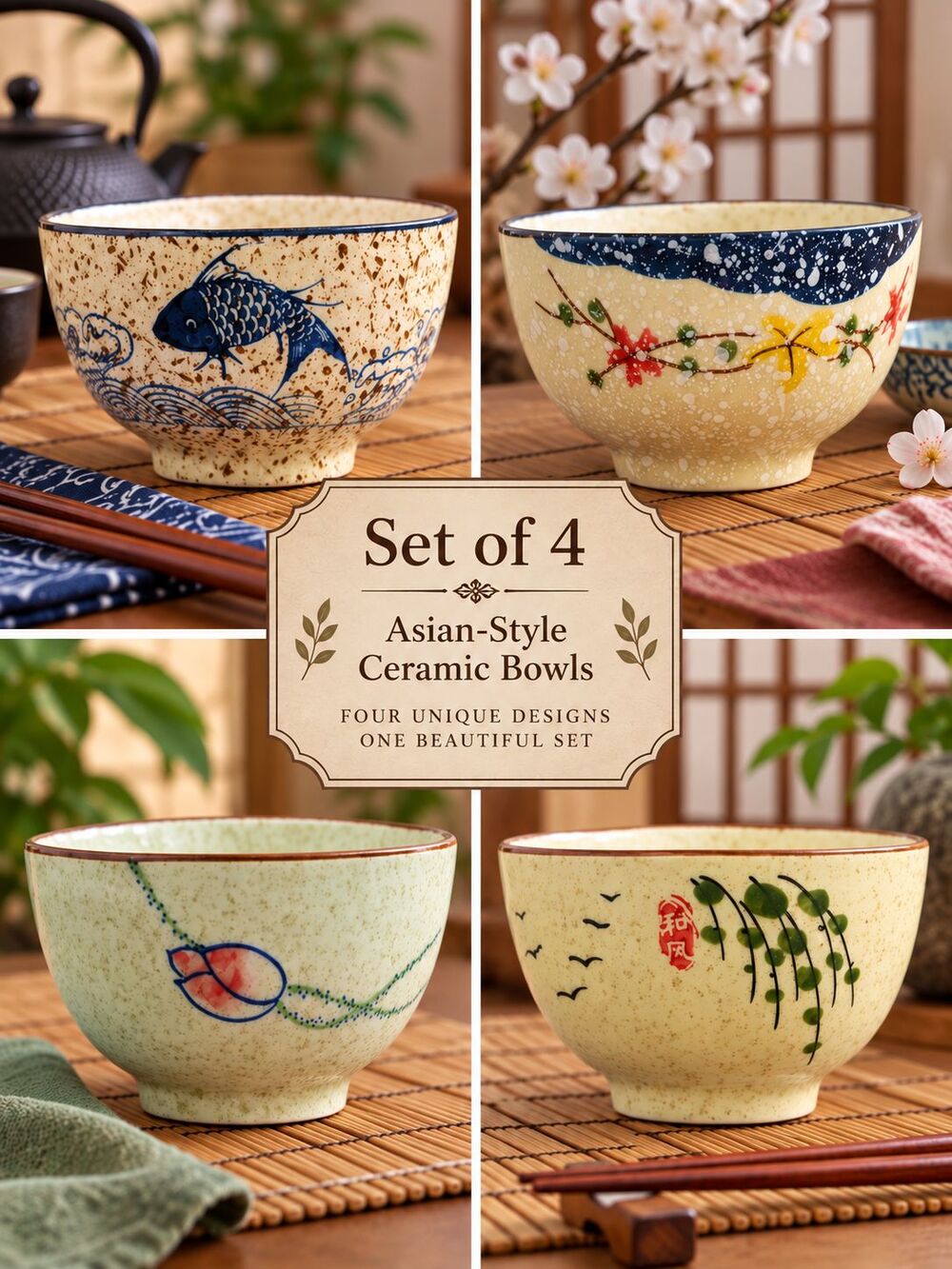 Set of 4 Asian Style Ceramic Rice Bowls 5" Hand Painted Koi Floral Birds